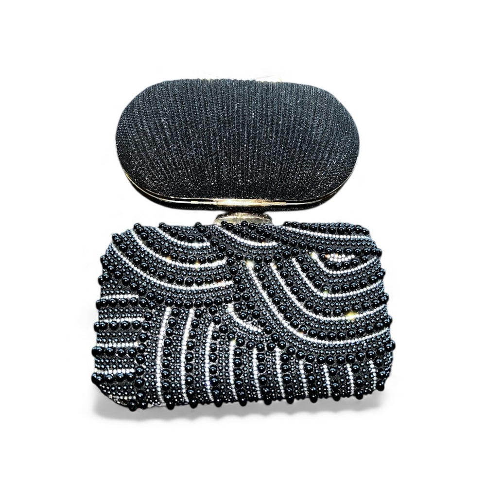 Elegant Black Pearl & Beaded Hard Case Clutch Bags